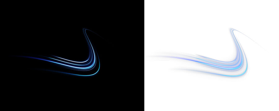 Abstract blue ring line visualizes rapid data transfer through glowing neon waves. Curved speed lines swirl with sparkling energy. Transparent PNG element suits tech presentations.