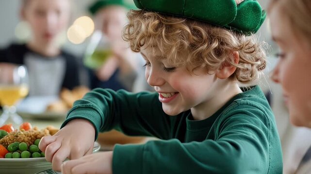 Joyful child celebrating st. patrick's day with friends at a festive meal