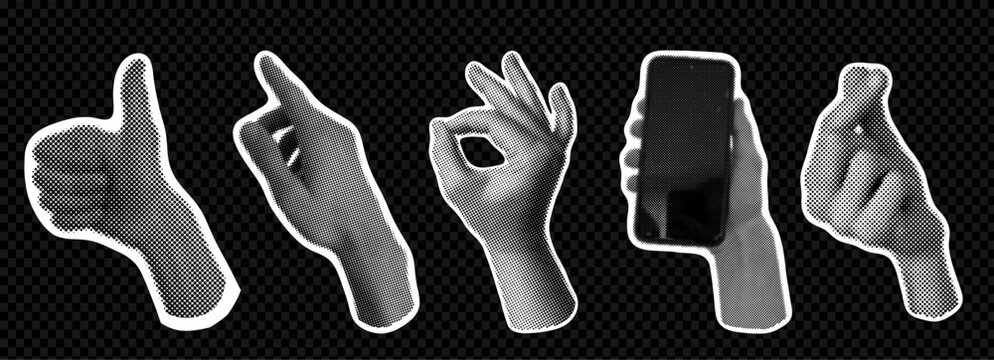 Collage halftone cutout hands with funky gesture retro set. Gesture signs like, ok, hand with phone. Modern forms for card, print on clothes. Creative collage.