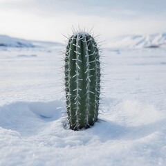 Green Cactus Standing Alone in Snow