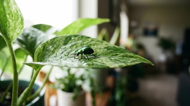 Green beetle crawls across a large leaf of a pothos plant, showcasing its shiny body and the water droplets on the leaf in a bright indoor setting