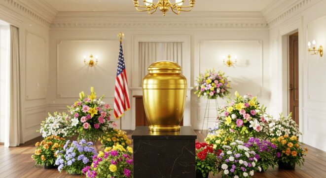 Golden cremation urn at a funeral memorial service with an American flag. A tribute to the deceased with colorful flowers in a formal chapel