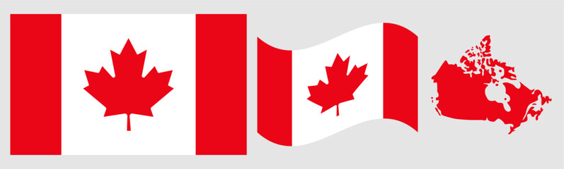 Obraz premium Canada Flag and Map Set. Official Red and White Maple Leaf National Emblem Featuring Flat Graphic, Waving Flag Fabric Effect, and Country Geographic Map Silhouette Isolated on Light Gray Background 