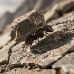 Ant Carrying Heavy Stone on Rocky Ground