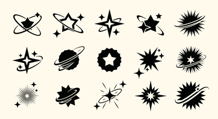 A collection of black and white star and sparkle icons with various celestial and abstract designs, perfect for graphic design elements.