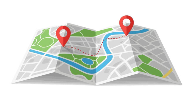 A folded paper map displaying a city layout with a river, parks, roads, and two red location pins marking a route.