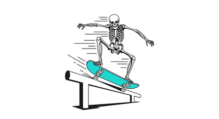 A skeleton performing a skateboard grind trick on a rail, with speed lines indicating motion. © Intan