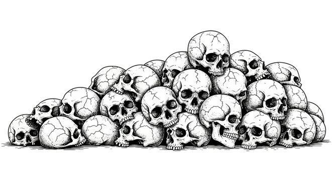 A detailed black and white illustration depicting a large, ominous pile of human skulls stacked haphazardly, evoking themes of mortality and the macabre.