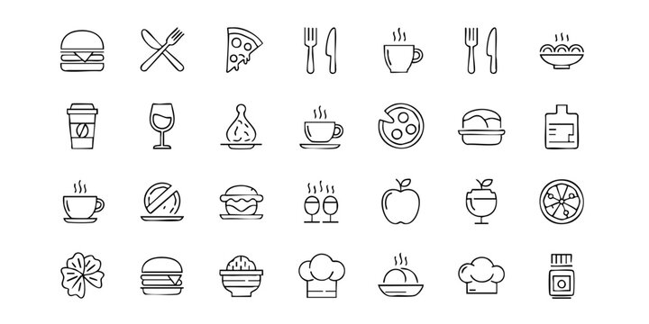 Collection of Simple Line Icons Representing Various Food and Beverage Items on a Clean Background from a Straight-On Viewpoint