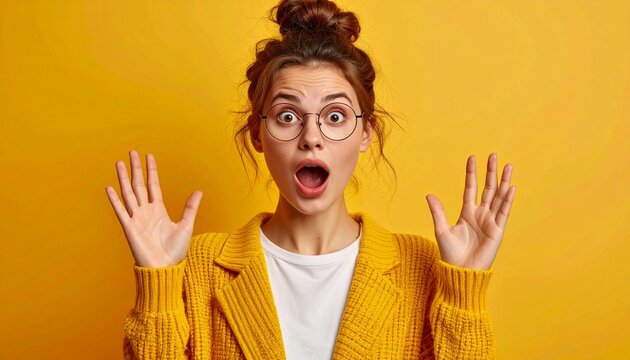 両手を上げて驚いた表情をする女性。AIで生成