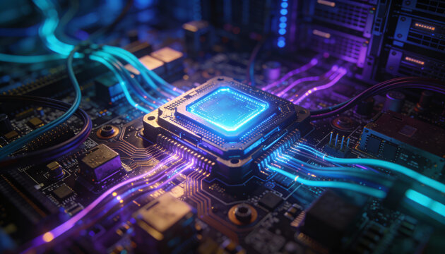 Glow of the modern cpu with blue and golden lights on motherboard showcasing high technology and innovative future in computing