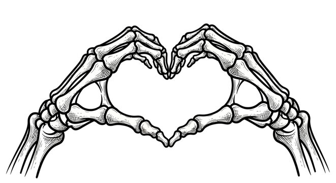 Two skeleton hands forming a heart shape against a white background.