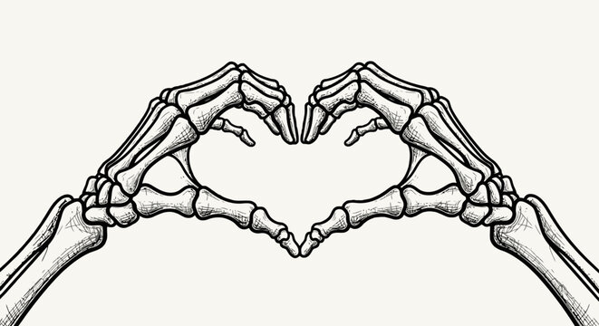 Two skeleton hands forming a heart shape against a light background.