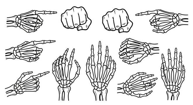 Collection of Skeleton Hand Gestures and Poses, Including Pointing Fingers and Fists.