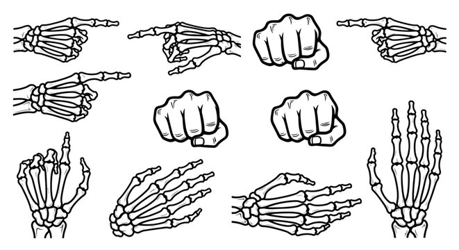 Collection of various skeleton hand gestures and poses, including pointing fingers and fists, presented in a black and white line art style.
