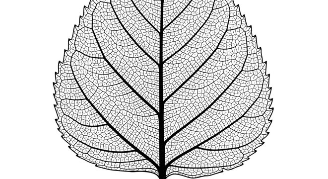 A detailed black and white illustration of a leaf skeleton, showcasing its intricate venation pattern.