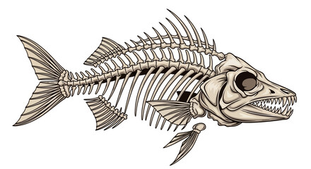 An intricately detailed illustration of a fish skeleton, showcasing its bone structure and fins. © herman