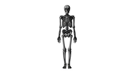 A full-body anatomical illustration of a human skeleton standing upright against a white background. © herman