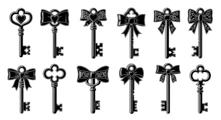 A collection of ornate black keys with decorative bows and heart shapes, presented in a grid formation against a white background. © herman