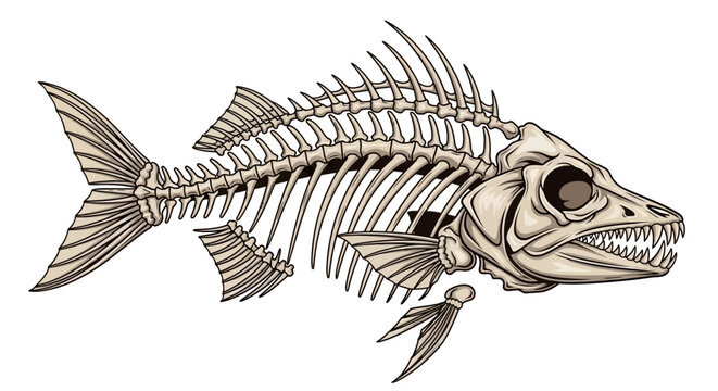 An intricately detailed illustration of a fish skeleton, showcasing its bone structure and fins.