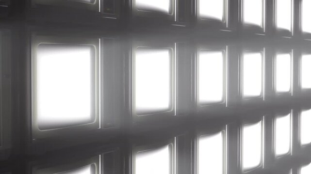 Diagonal CRT monitor wall lights up in staggered luminance across layered screens with haze depth and warm glow in retro broadcast layout