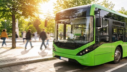 Fototapeta premium Green electric city bus on urban street promoting eco public transport and sustainable mobility.