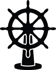 Obraz premium Minimal vector silhouette, nautical ship’s wheel mounted on a small stand, solid black, isolated on white.