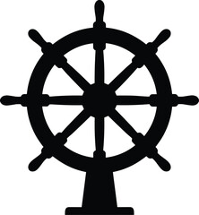 Minimal vector silhouette, nautical ship&rsquo;s wheel mounted on a small stand, solid black, isolated on white.