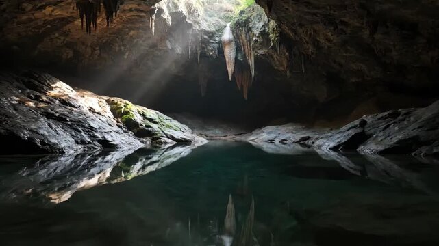 Sunlight illuminates a cave interior with a reflective pool