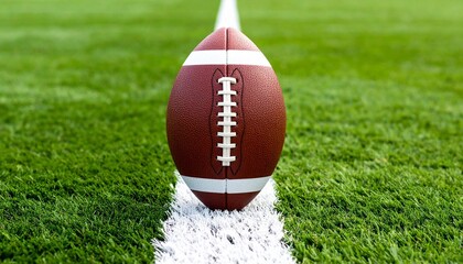 Obraz premium American Football Placed Vertically on a Crisp White Yard Line of a Vibrant Green Field