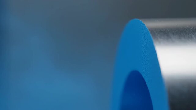 Detailed view of blue powder particles being sprayed and adhering to a rotating surface, showcasing industrial coating technology.