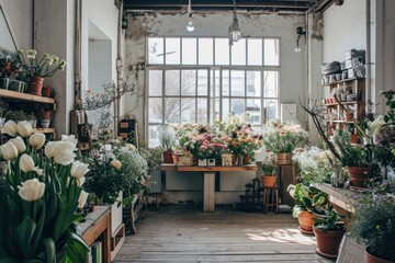 Fototapeta premium Flower shop window plant architecture.