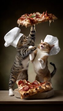 Dos gatos con gorro de chef levantan una pizza pepperoni con entusiasmo.