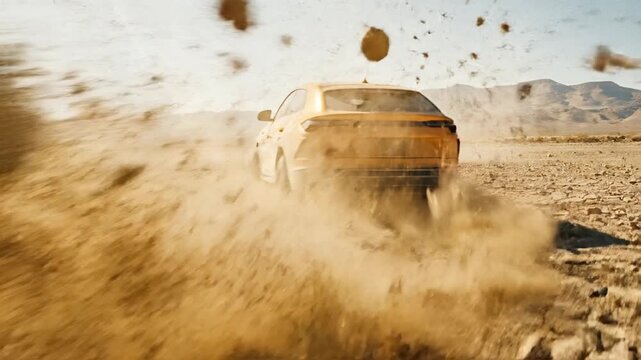 Powerful modern suv speeding and drifting on a dirt road in a dry desert, raising a large cloud of dust under a bright sun. Cinematic shot of extreme off road driving and powerful performance