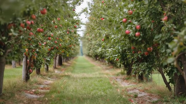 Apple orchard with rows of fruit trees forming natural corridor, agricultural landscape with ripe red apples ready for harvest