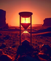A sand timer is set in the desert at sunset