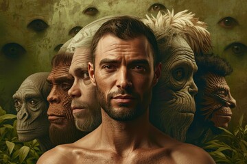 A man is the center of a group of faces, including a gorilla and a Neanderthal