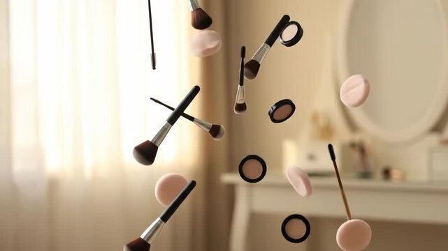Floating makeup brushes and cosmetic products in a bright room with soft curtains, showcasing a dynamic arrangement of beauty tools and accessories above a vanity table
