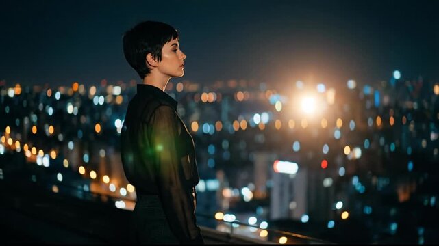 Pensive young woman with short hair standing on a rooftop at night, contemplating the illuminated cityscape with bokeh lights, embodying solitude, introspection, and urban melancholy