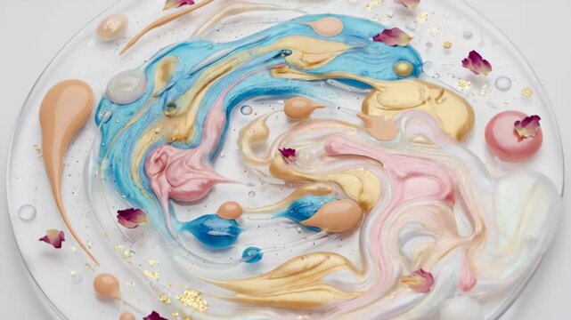 Colorful abstract swirls of blue, pink, gold, and cream paint mixed with rose petals and droplets in a circular glass dish on a white background