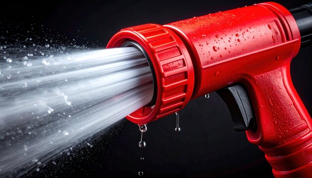 Red hose nozzle spraying water with force, close-up view