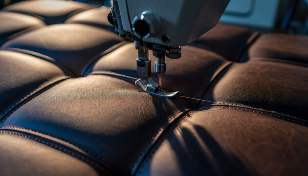 Sewing machine stitching dark brown leather upholstery up close with precision detail