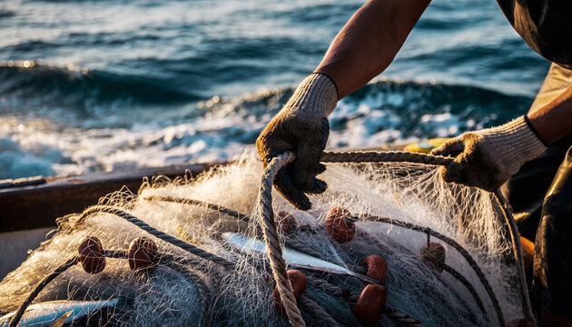 Fisherman hauling fishing net on boat in the ocean during sunrise