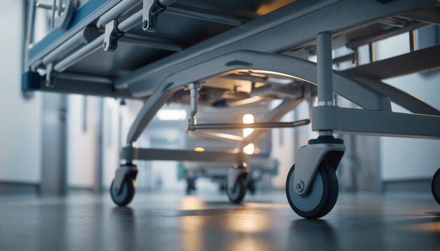 Hospital equipment carts in a modern medical facility viewed from a low angle, showcasing industrial design and functionality