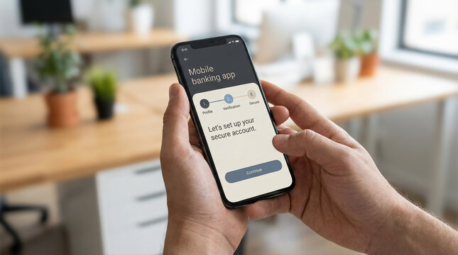 Person holding smartphone with mobile banking app setup screen. Secure account verification, onboarding flow, fintech app demo in modern workspace