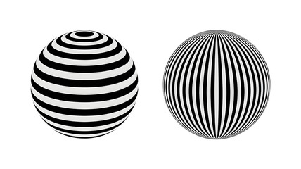 Two distinct striped spheres black and white geometric shapes against a dark background displaying visual optical patterns isolated on transparent bac