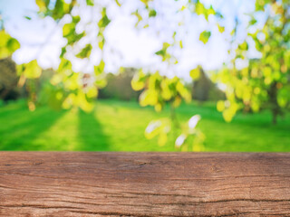 Wooden table and natural blurred background in sunny spring park, tree branches with leaves