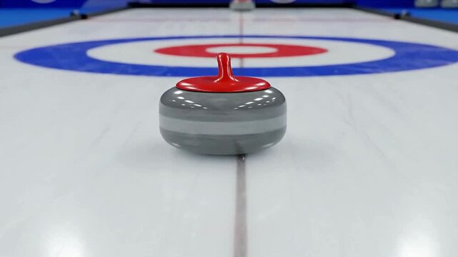 Curling sport stone positioned on the ice rink target, viewed from directly above the curling stone