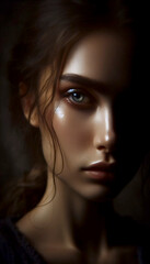 Fototapeta premium A portrait with the half-madeup eye in shadow, looking directly, Ai generated image
