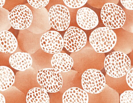 Una composici&oacute;n abstracta de c&iacute;rculos blancos con textura sobre un fondo acuarelado en tonos naranja.